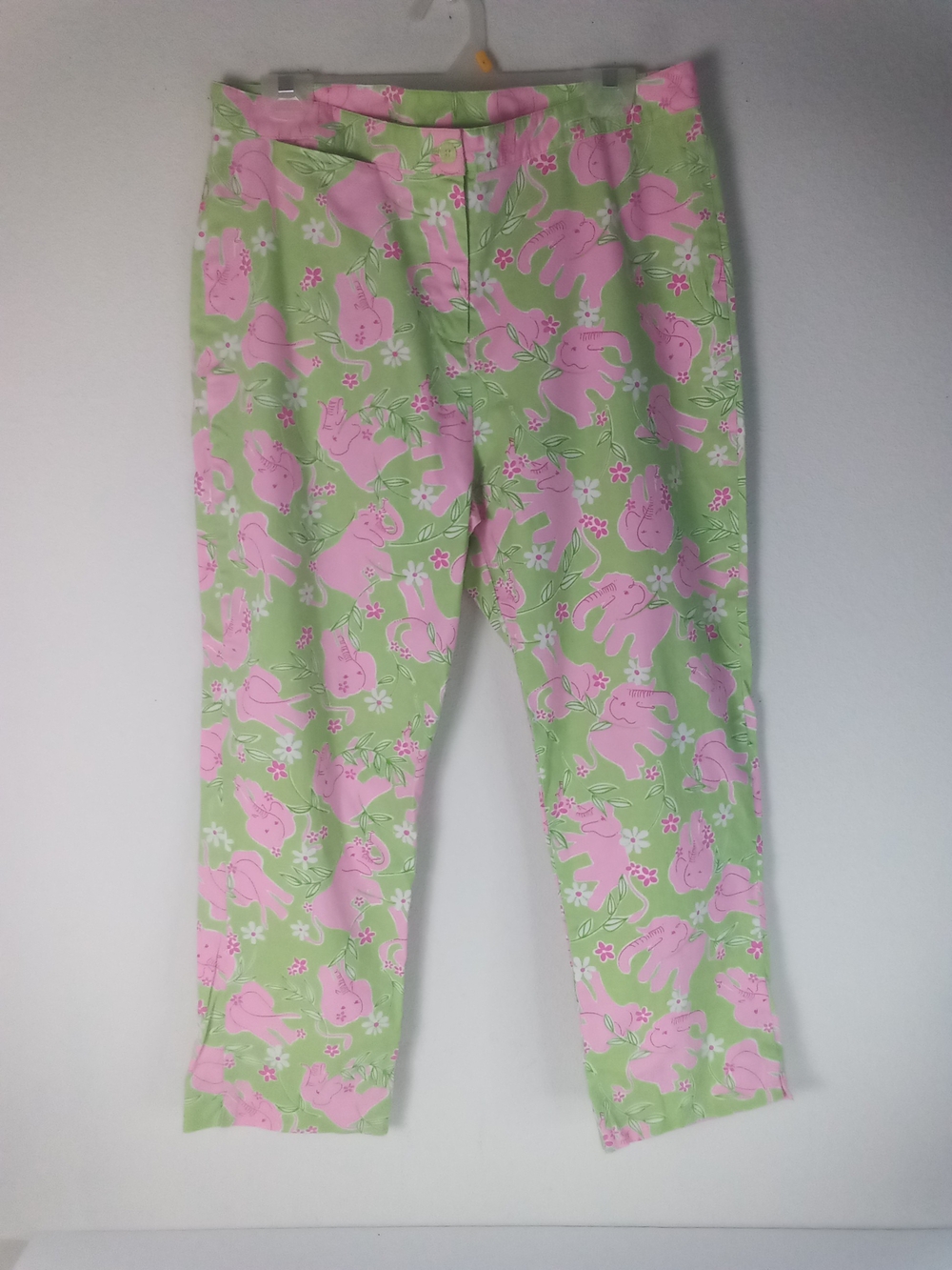 Lilly Pulitzer Toast Of The Town Elephant Print Ankle Pants - Green Pink Size 12